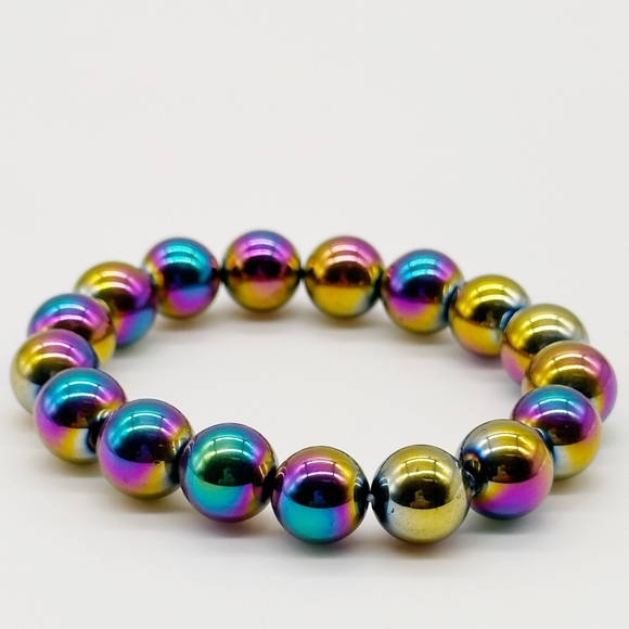 Hand Crafted Jewelry - Rainbow Hematite Grounding Bracelet Natural Gemstone Bead Stretch 12mm
